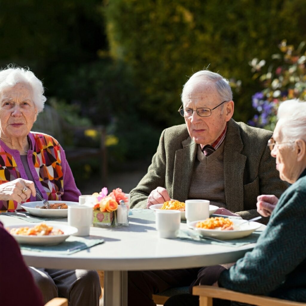 Residents eating lunch in the garden