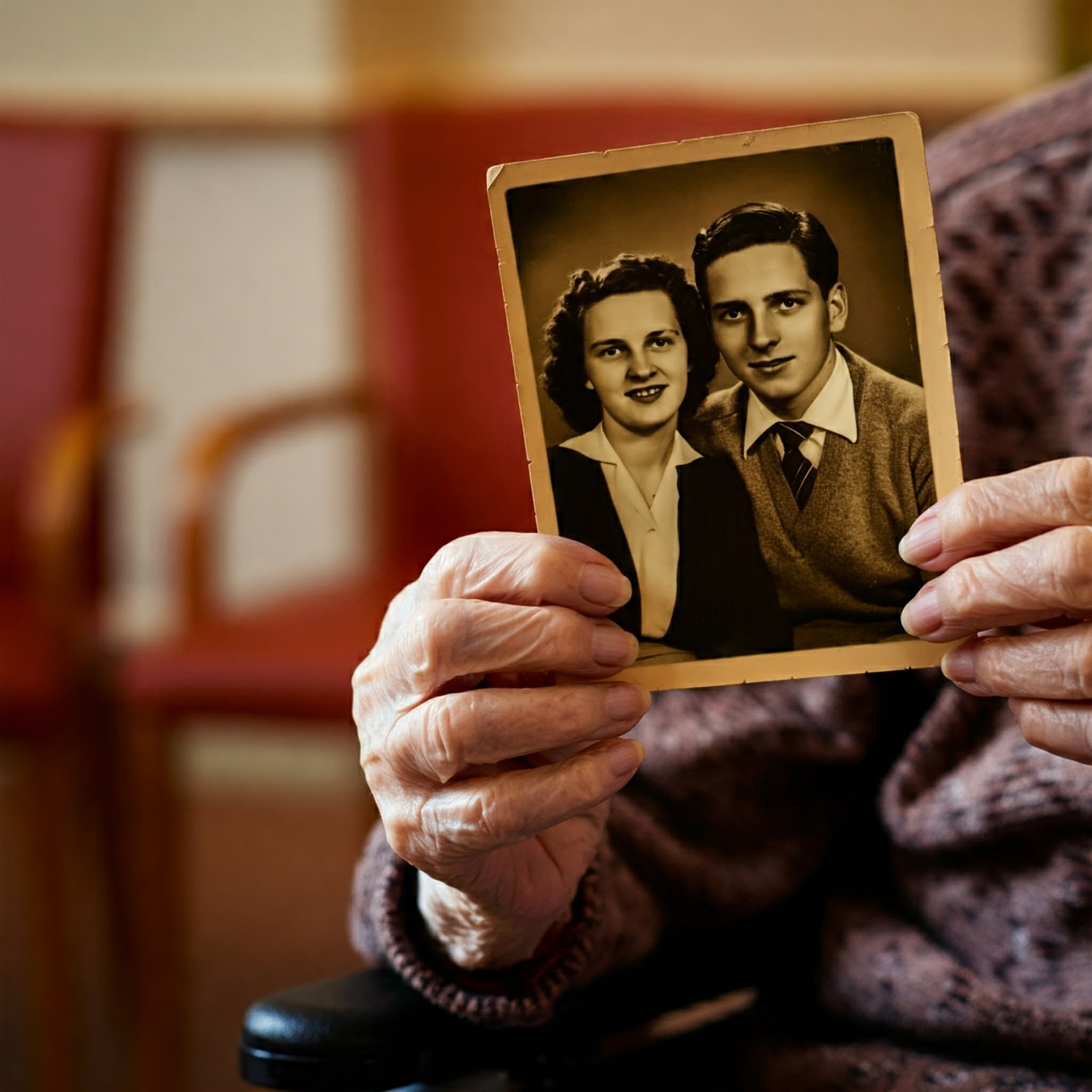 A resident holding a photo to camera