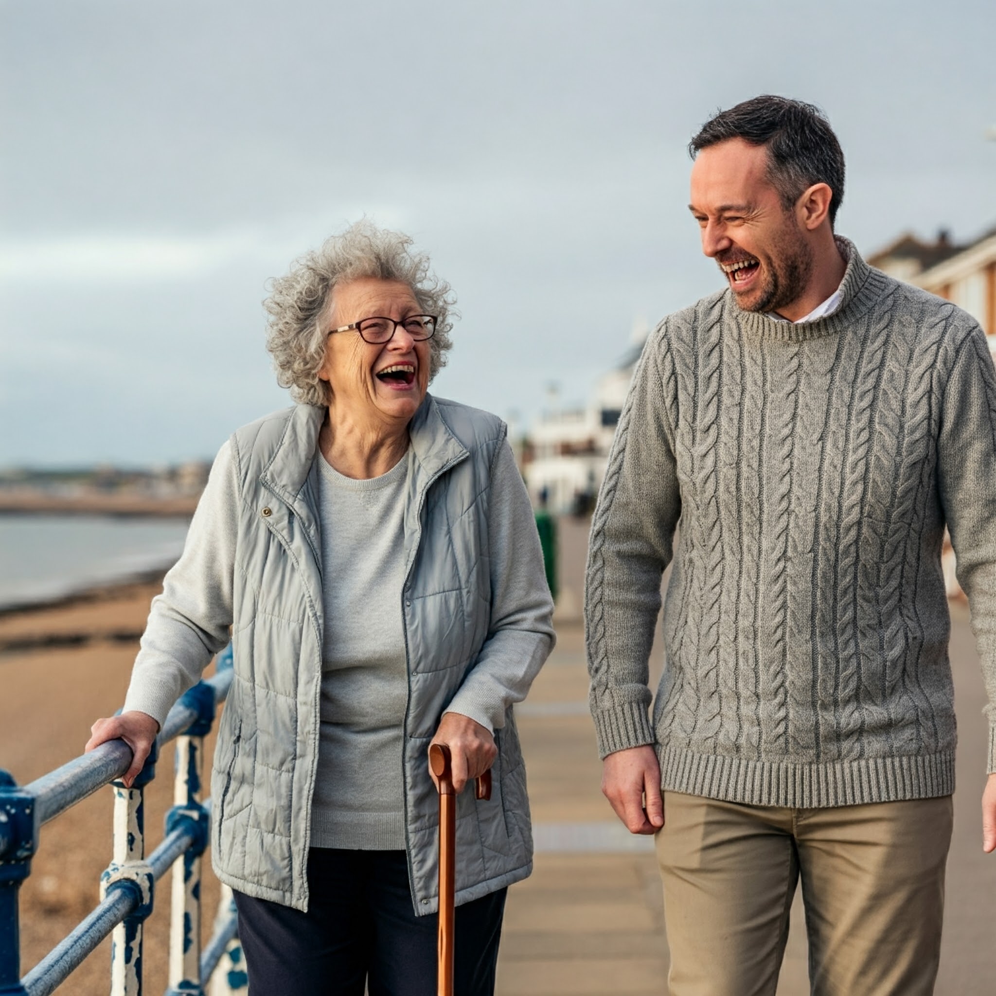 A resident and loved one walking along the seafront