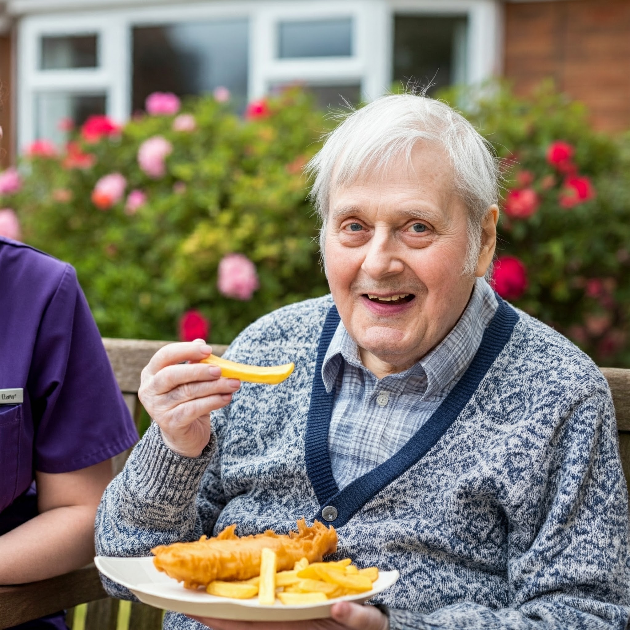 A resident enjoying fish and chips in the garden