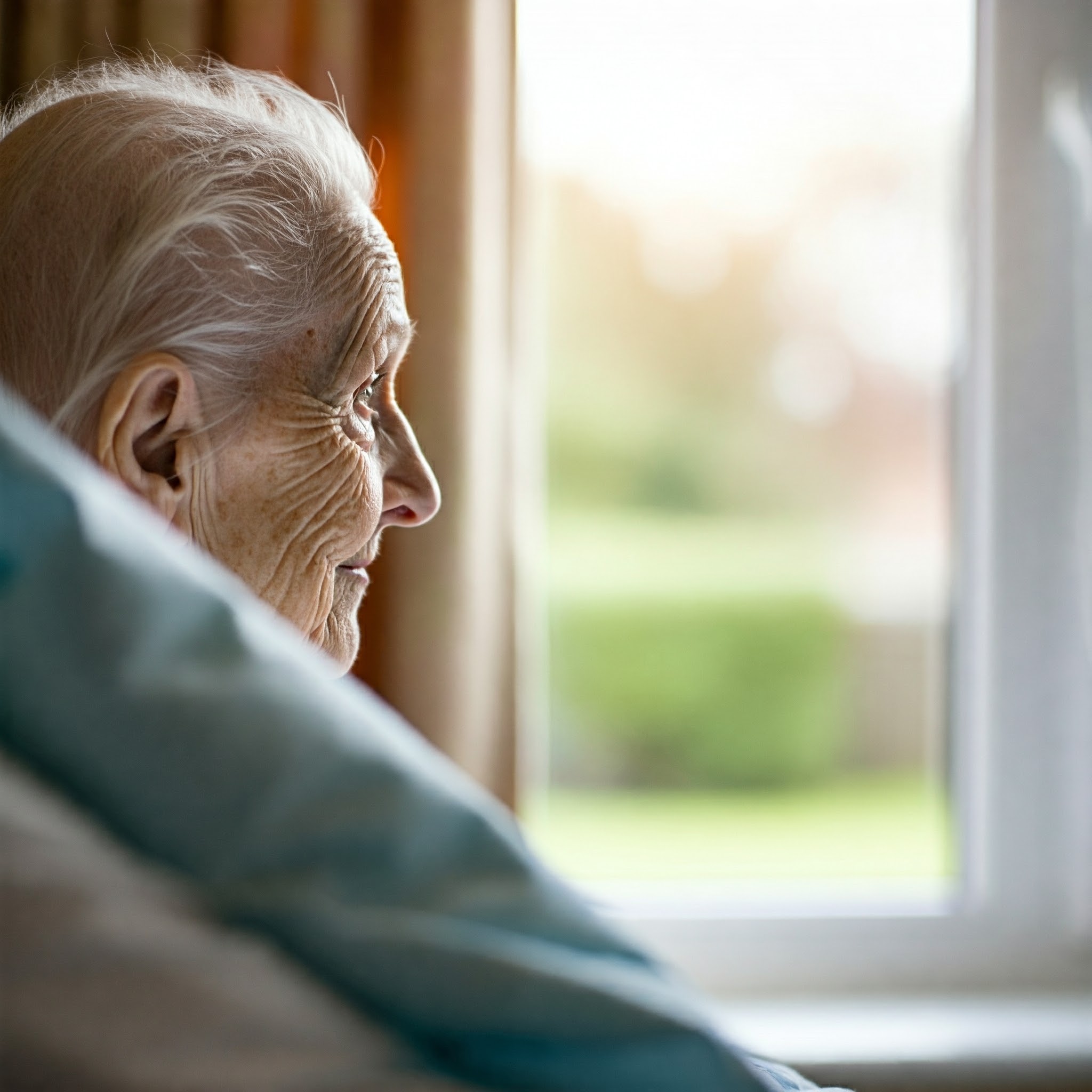 A resident looking out of a bed room window