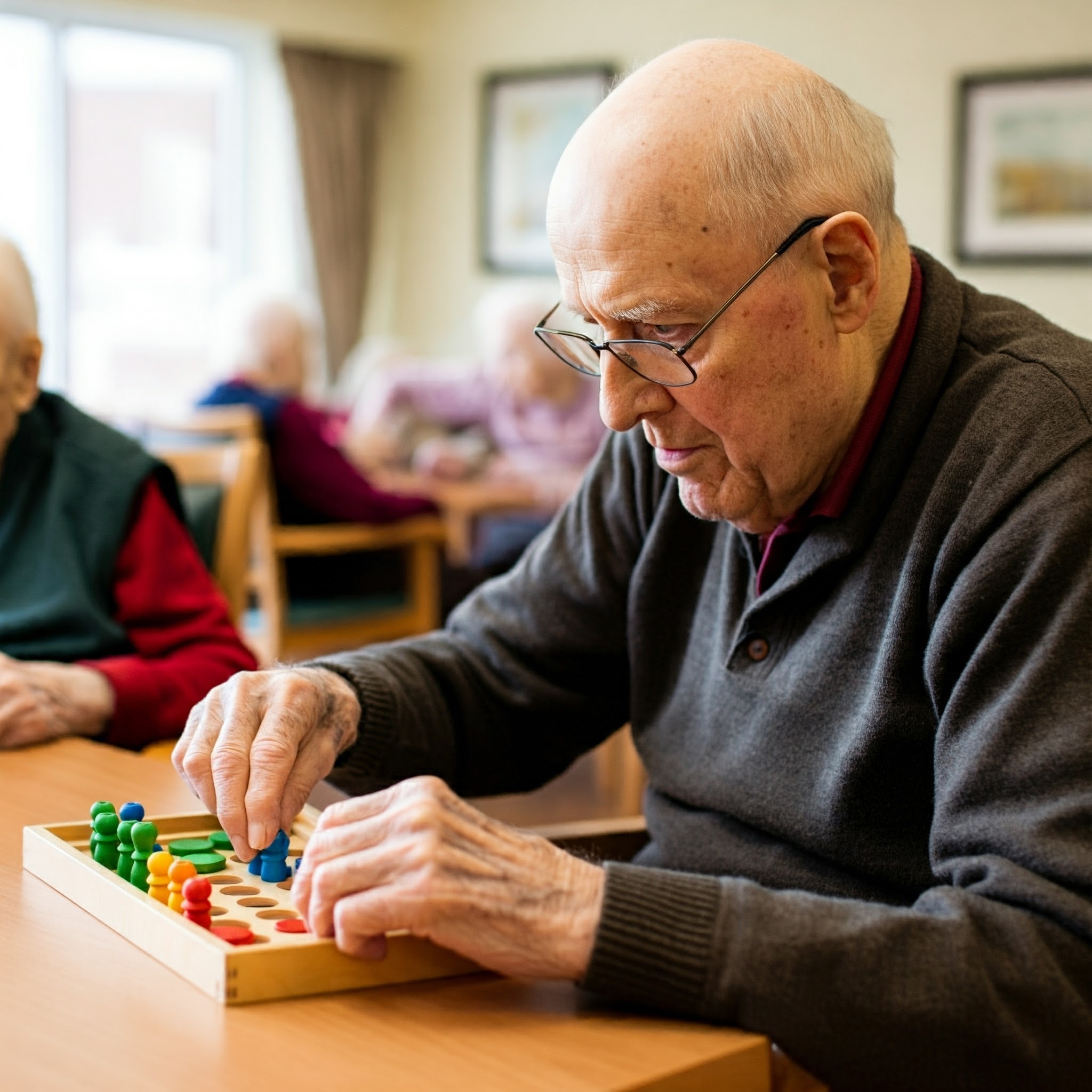 A resident playing a memory game