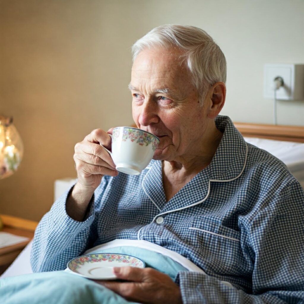 resident sat up in bed drinking a cup of tea